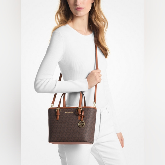Michael Kors Jet Set Travel Extra-Small Logo Top-Zip Tote Bag in Brown - Picture 15 of 16